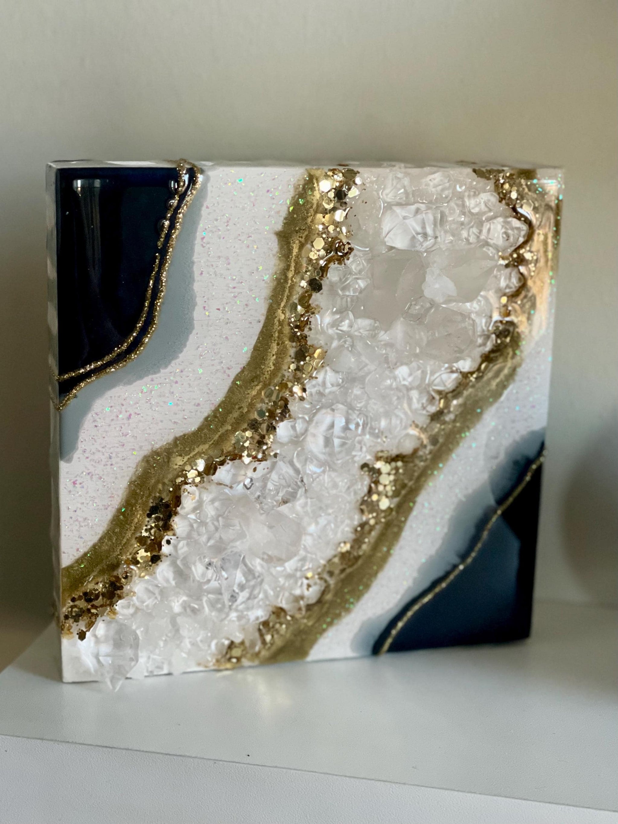 Midnight Resin Painting with Quartz Crystals - Miniature 6x6 Inch
