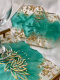 Teal & Gold Tray & Coaster Set